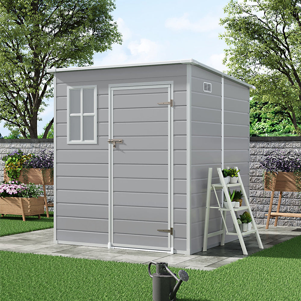 6x6ft grey PP outdoor storage shed with pent roof, window, and vent – weather-resistant plastic garden shed